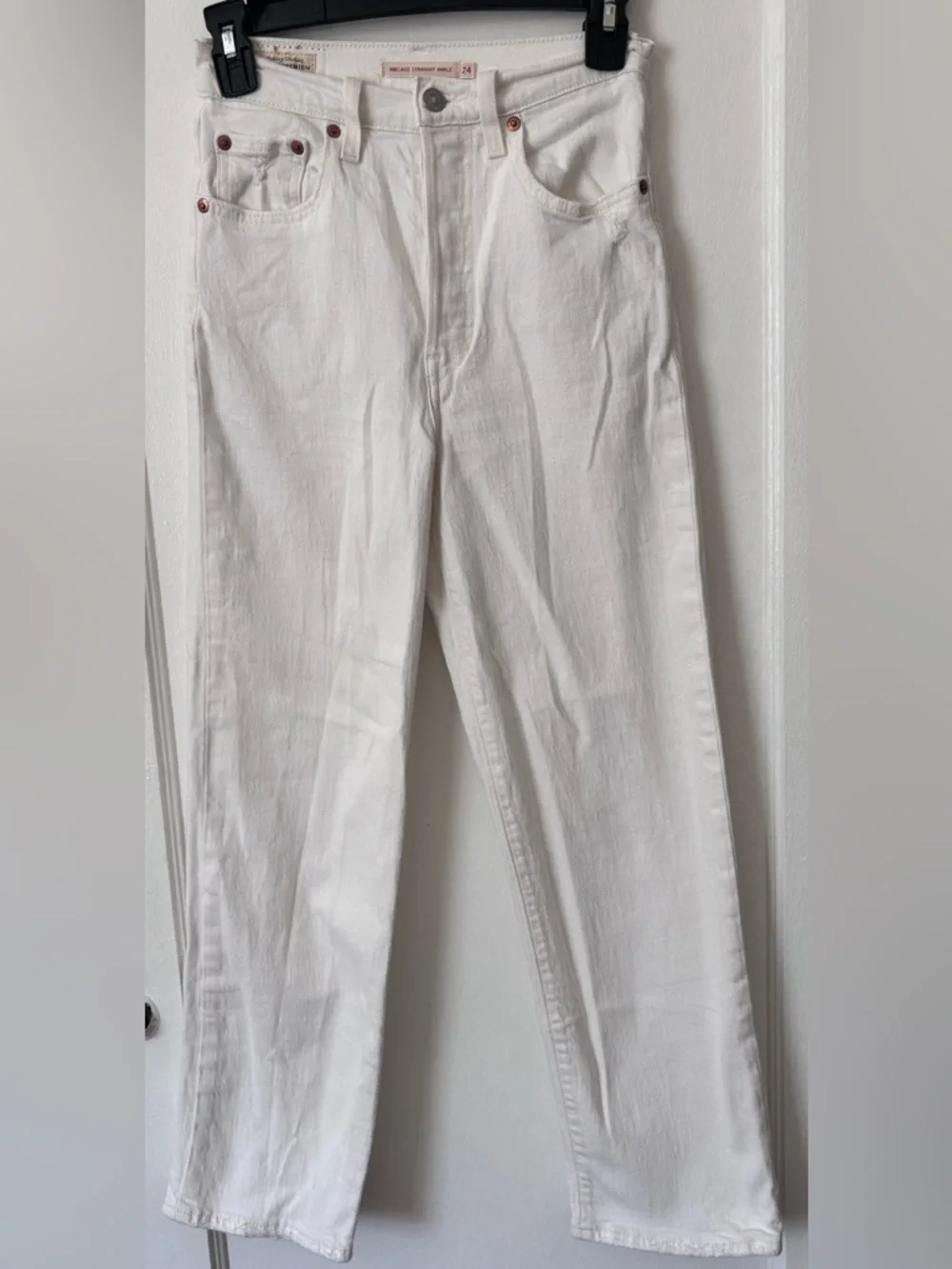 Levi’s Ribcage Straight Ankle Jeans Sz 24 White High Rise Raw Hem